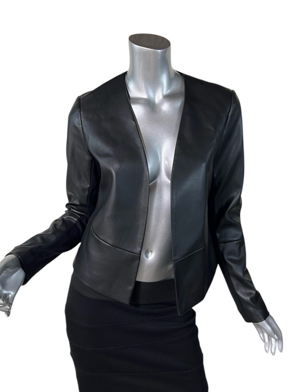 DKNY Black Faux Leather Open Front Short Leather Jacket Women’s Small Size 4
